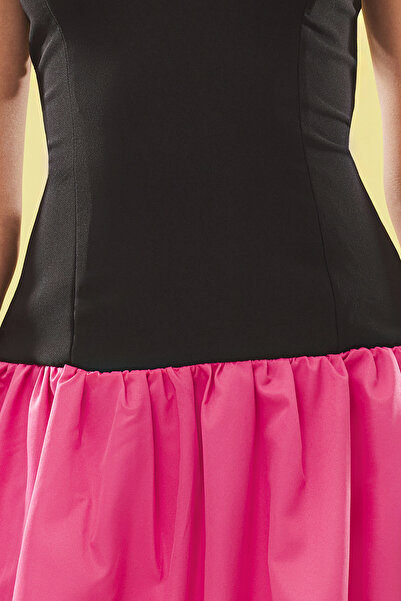 Trendyol Collection Black-Fuchsia Body-Fitting Balloon Skirt Detail Stylish Short Dress Tprss25El00096