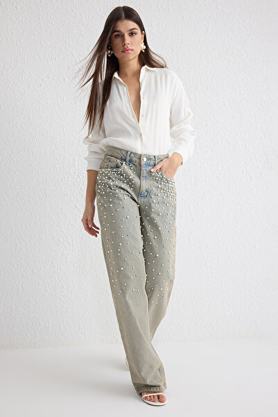 Trendyol Collection Modré perleťové detailní kamínky s pravidelným pasem Barrel Jeans Twoss25Je00028