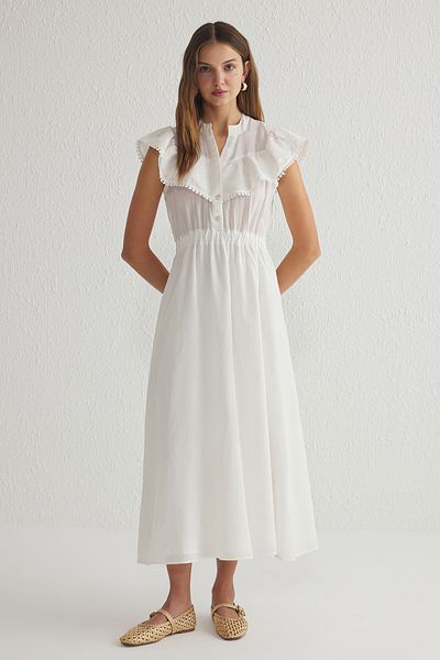 Trendyol Collection Ecru Skirt Waist Opening Embroidery Neckline Detail Lined Maxi Woven Dress Twoss25El00180