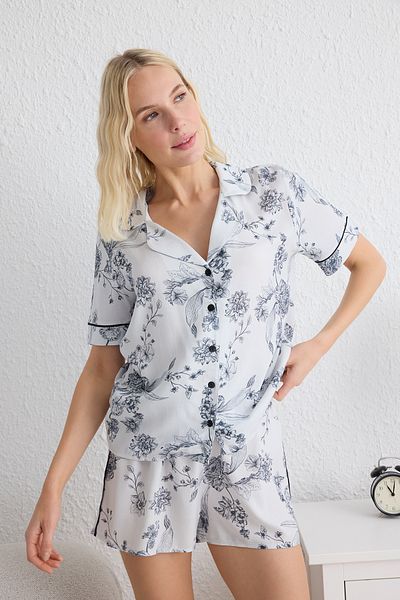 Trendyol Collection White-Multicolor Floral Shally Woven Pajamas Set Thmss25Pt00106