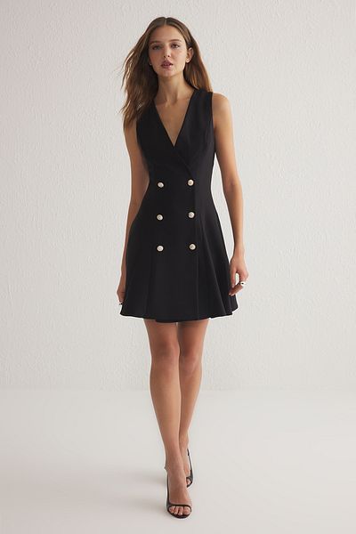Trendyol Collection Rochie jachetă mini țesută cu nasturi negre TWOSS25EL00117