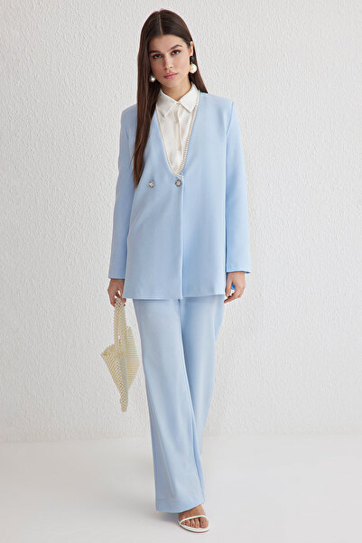 Trendyol Modest Ανοιχτό μπλε μαργαριτάρι Λεπτομερές σακάκι-παντελόνι υφαντό στο κάτω μέρος TCTSS25US00008