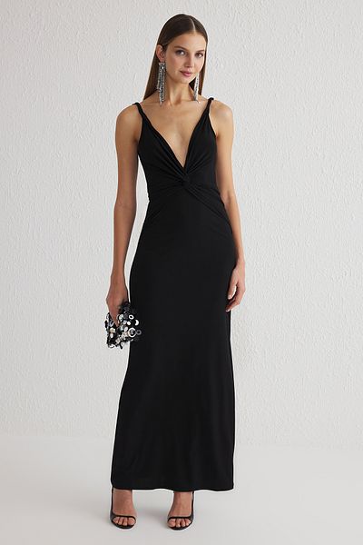 Trendyol Collection Czarna dwurzędowa dzianinowa długa stylowa sukienka wieczorowa Tprss25Ae00025