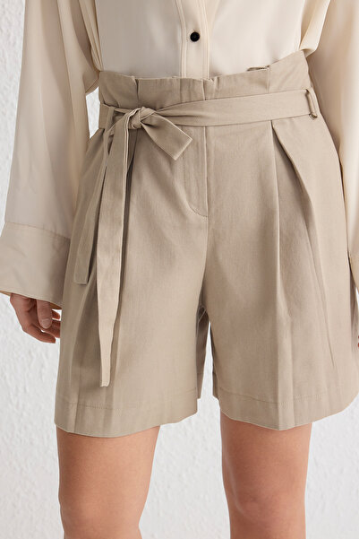 Trendyol Collection Light Khaki Waist Belted Regular Size Shorts Woven Shorts Twoss25Sr00010