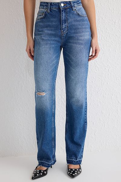 Trendyol Collection Blaue lange gerade Jeans mit hoher Taille TWOSS25JE00155