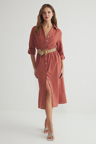 Trendyol Collection Φόρεμα Camel ριγέ μίντι υφαντό πουκάμισο TWOSS25EL00063