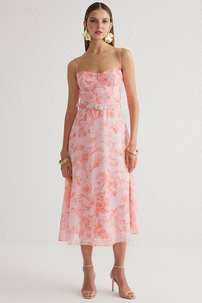 Trendyol Collection Többszínű A-kivágású virágmintás sifon kötött elegáns ruha TPRSS25EL00098