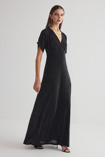 Trendyol Collection Graues, glitzerndes, gestricktes, hochwertiges, langes, stilvolles Abendkleid in A-Linie