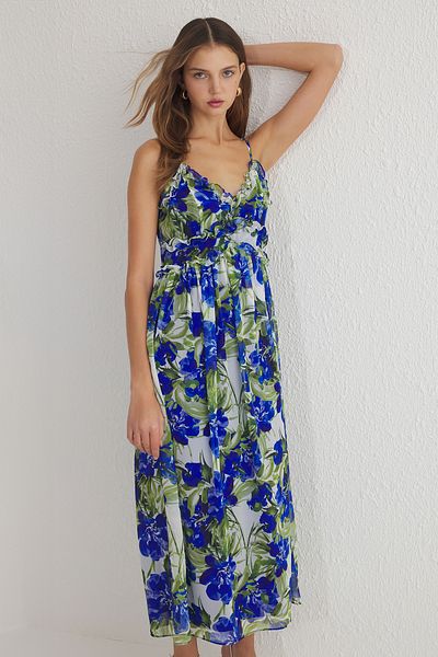 Trendyol Collection Fusta cu flori Saks Rochie maxi țesătă cu volane cu deschidere în talie TWOSS23EL02013