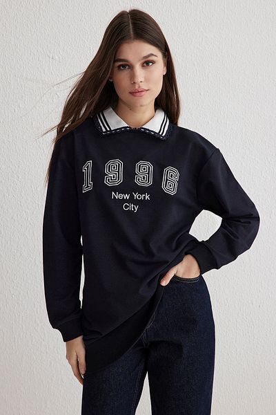 Trendyol Modest Navy Blue Polo Neck Embroidered Knitted Tunic Tctss25Uk00007
