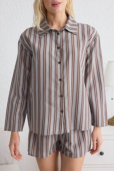 Trendyol Collection Brown-Multicolor Striped Woven Pajama Set with Shorts Thmss25Pt00134