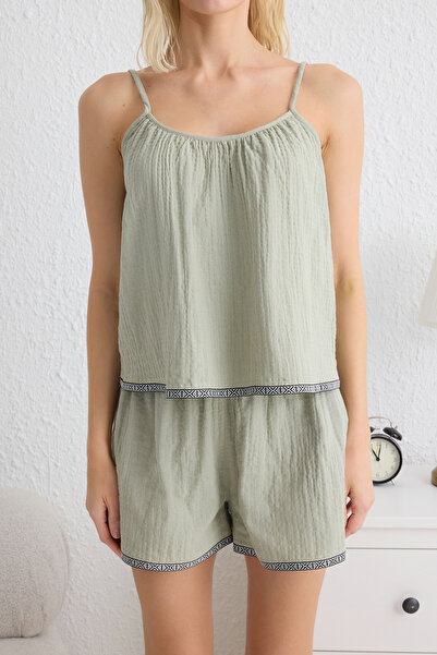 Trendyol Collection Green 100% Cotton Ethnic/Bohemian Woven Pajama Set with Stripe Accessories Muslin Shorts Thmss25Pt00135