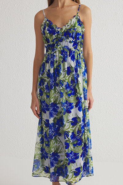 Trendyol Collection Saks virágos szoknya, derékban nyíló fodros Maxi szőtt ruha TWOSS23EL02013