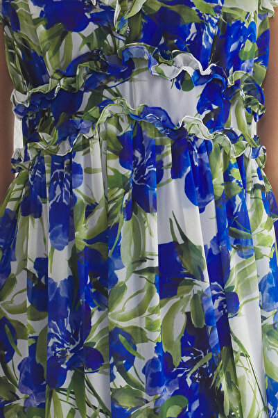 Trendyol Collection Saks virágos szoknya, derékban nyíló fodros Maxi szőtt ruha TWOSS23EL02013