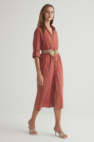 Trendyol Collection Φόρεμα Camel ριγέ μίντι υφαντό πουκάμισο TWOSS25EL00063