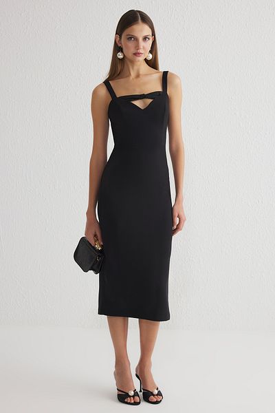 Trendyol Collection Μαύρο φιόγκο με λαιμόκοψη με λεπτομέρεια υφαντό κομψό φόρεμα TPRSS25EL00066