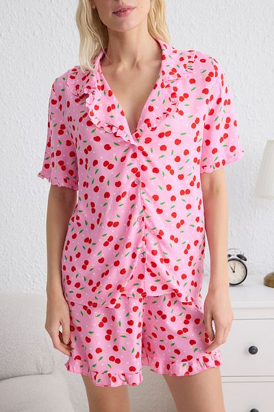 Trendyol Collection Sada růžovo-vícebarevného nařaseného tkaného pyžama Thmss25Pt00031
