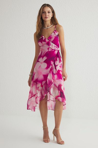 Trendyol Collection Φούξια φλοράλ διπλό στήθος Midi σιφόν υφαντό φόρεμα TWOSS19EL0375