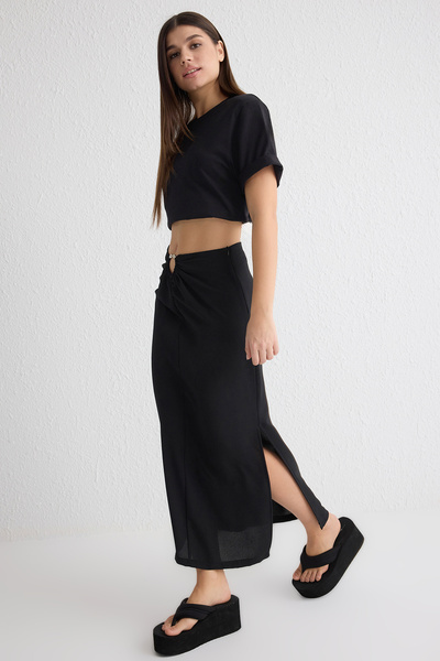 Trendyol Collection Black Draped Fabric Midi Skirt with Buckle Detail on the Waist Twoss25Et00046