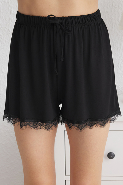 Trendyol Collection Black Lace and Lacing Detail Knitted Pajamas Set with Shorts Thmss25Pt00012