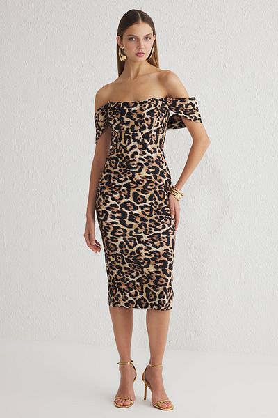 Trendyol Collection Braun-Mehrfarbenes Leoparden-Körperkorsett-detailliertes, gewebtes, stilvolles Abendkleid TPRSS22EL00097