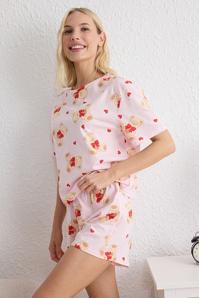 Trendyol Collection Pink-Multicolor 100% Cotton Teddy Bear Heart Knitted Pajamas Set Thmss25Pt00211