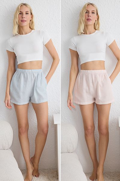 Trendyol Collection Rosa-blaue Pyjama-Unterwäsche aus 100 % Baumwolle mit Streifen und Leinen-Look THMSS24PJ00002