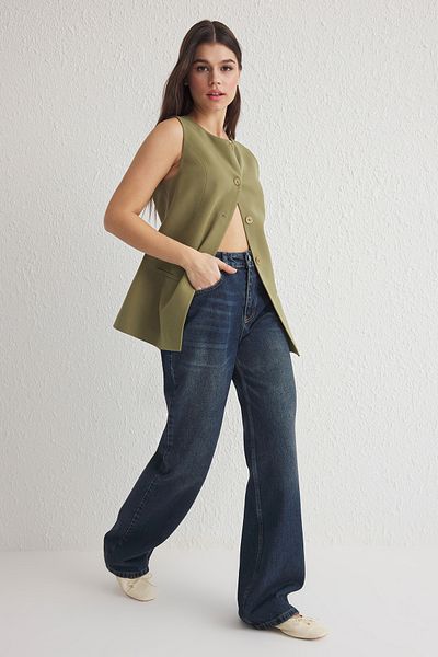 Trendyol Collection Sötétkék, magas derekú, széles lábú farmernadrág TWOSS25JE00081