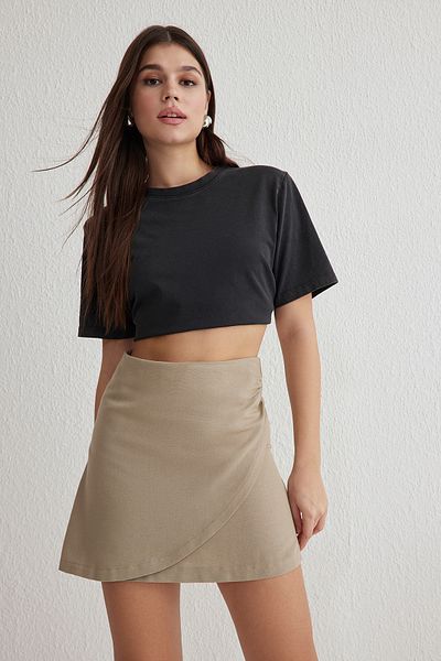 Trendyol Collection Minisukně Twoss25Et00070 se stahovací šňůrkou v šedém lněném vzhledu