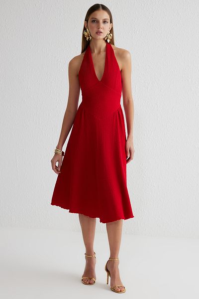 Trendyol Collection Red A-Cut V-Neck Woven Detail Wrapped Knitted Stylish Dress Tprss25El00086