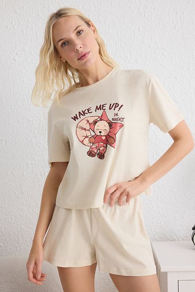 Trendyol Collection Beigefarbenes, einfarbiges Single-Jersey-Strick-Pyjama-Set THMSS25PT00092
