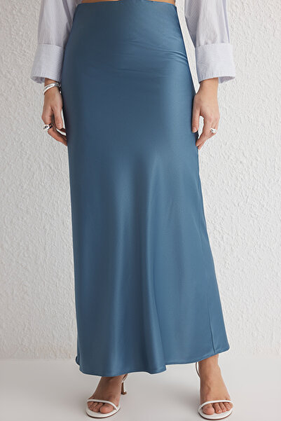 Trendyol Collection Indigó szatén hal alakú maxi hosszúságú szőtt szoknya TWOSS24ET00120