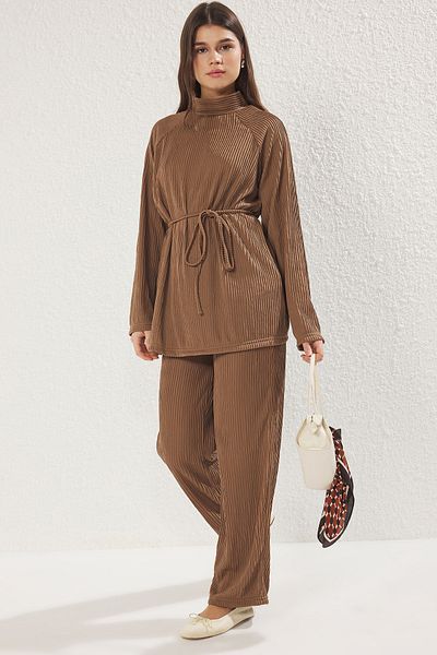 Trendyol Modest Brown Textured Knitted Bottom-Top Suit Tctss25Us00012