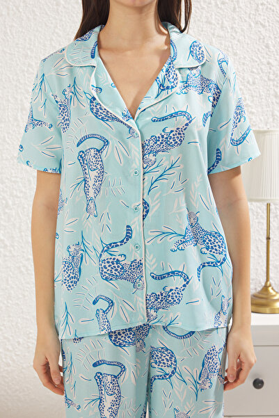 Trendyol Collection Set de pijamale țesute Shally cu animale albastre THMSS25PT00022