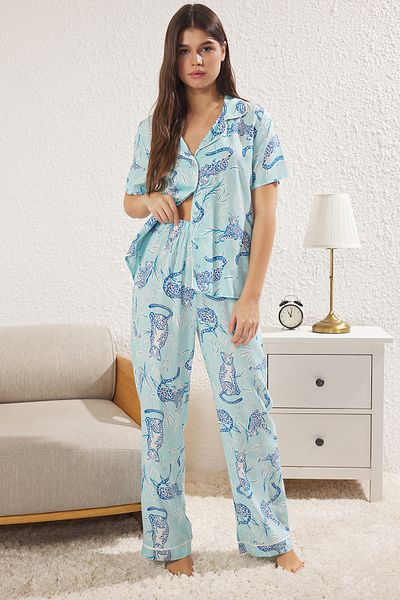 Trendyol Collection Set de pijamale țesute Shally cu animale albastre THMSS25PT00022