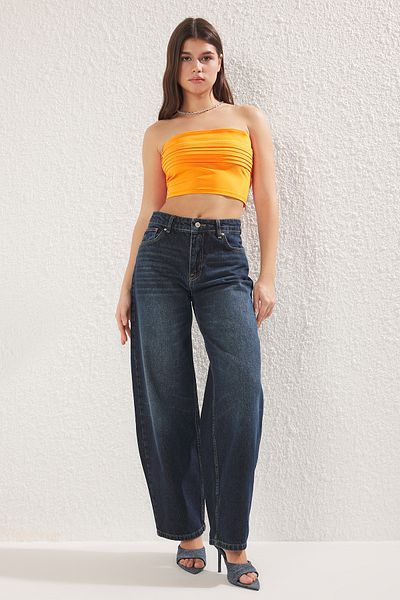 Trendyol Collection Pomarańczowy Crop Dzianinowy Gorset - Drapowany Szczegół, Dopasowany Twoss25Bs00000