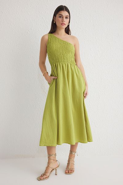 Trendyol Collection Ölgrüner Rock, gewebtes Midi-Kleid mit Gipsverschluss an der Taille TWOSS23EL01830