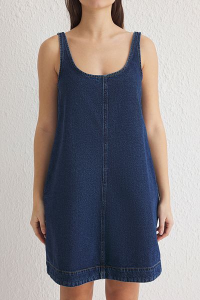 Trendyol Collection Μίνι τζιν φόρεμα σκούρο μπλε λουράκι TWOSS25EL00005