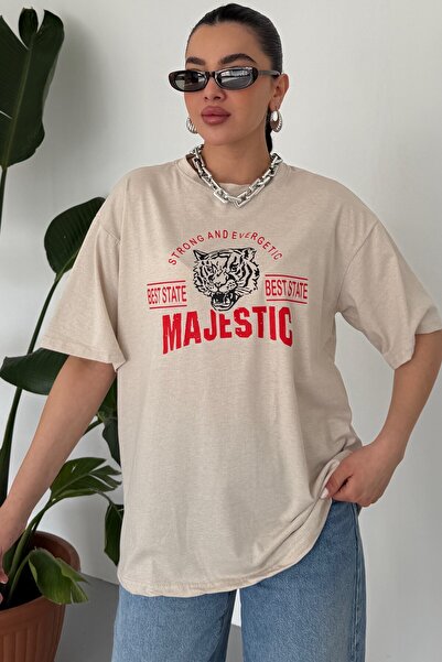 MODAGEN Μπλουζάκι Unisex Beige Crew Neck Majestic με στάμπα Oversize