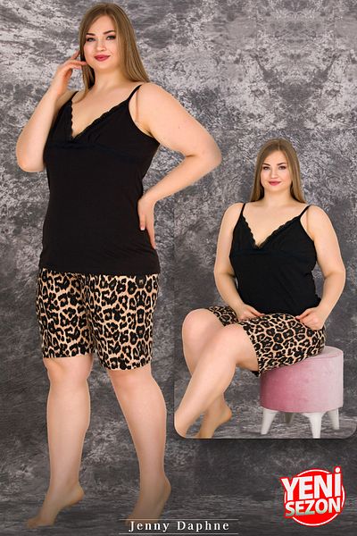 Jenny Daphne Lady Plus Size Black Color Suspender Sleeve Pajamas with Shorts 10421