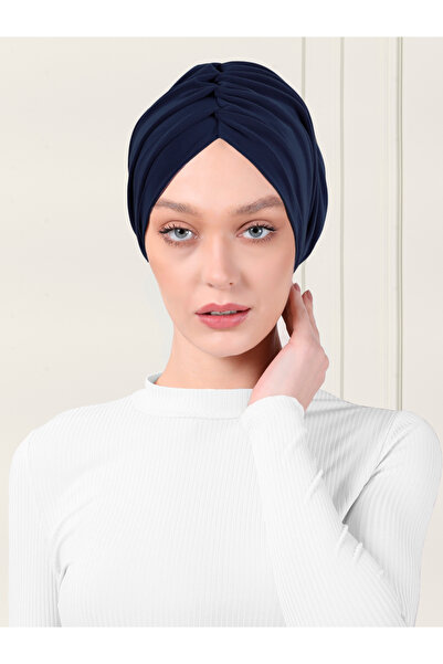 ada sanatsal Plain Gathered Practical Hijab Bonnet - Dark Navy Blue
