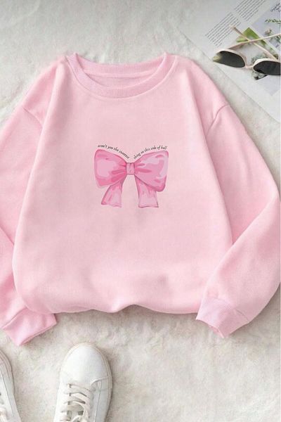 NO 601 Women's Pink Crew Neck Ribbon Printed Hoodless Winter Sweat