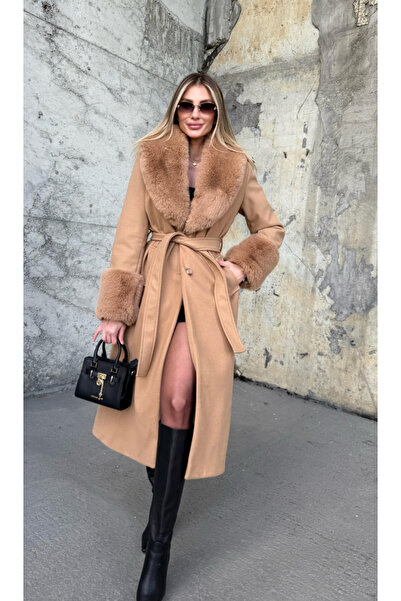 ByRanaBuyuk Camel Sleeve and Collar Fur Coat