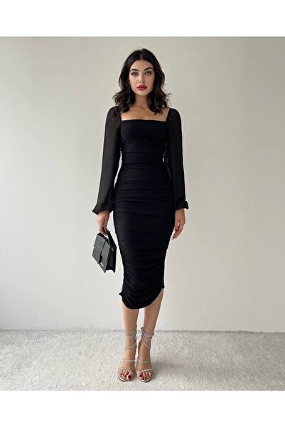 IŞILDA FASHION فستان أسود رومانسي بأكمام الأميرة