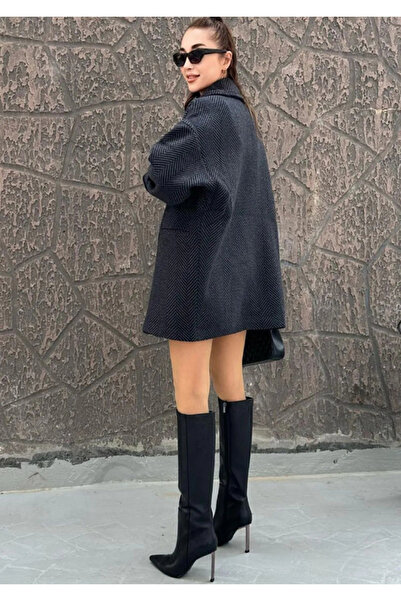 Moda Palmiss Kadın Antrasit Balıksırtı Desenli Astarlı Oversize Kaşe Kaban