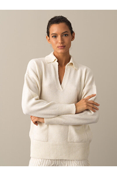 Xint Kadın Ekru Yumuşak Dokulu Oversize Cepli Kazak