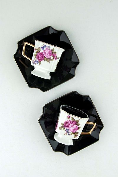 Bursa Porselen Dekor Rose Garden Black Two-Seater Coffee Cup Set