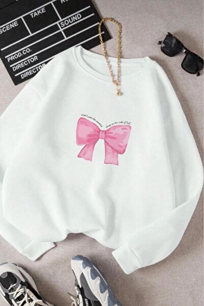 stg spor toptan giyim Дамска бяла суитшърт с принт на велосипед и панделка