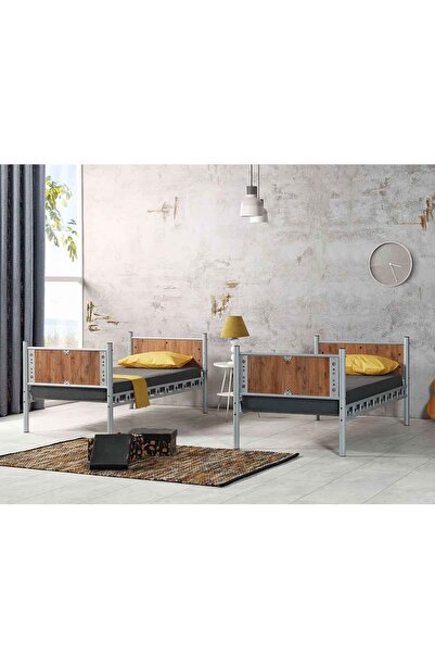 ARGİMO Elegan Genç Çocuk Odası Ahşap Başlıklı Metal Ranza Ve Karyola 90x200