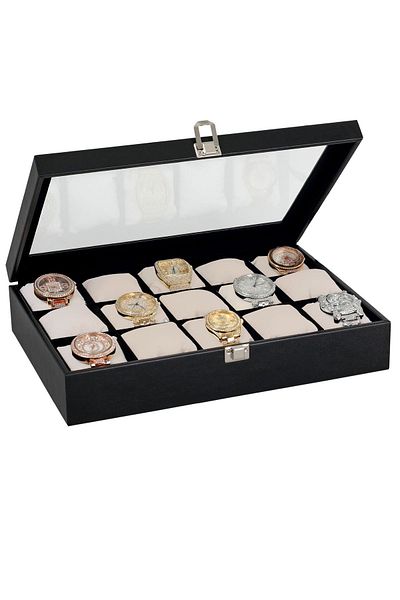 Chavin Black Leather 15 Pieces Glass Watch Box St15-26